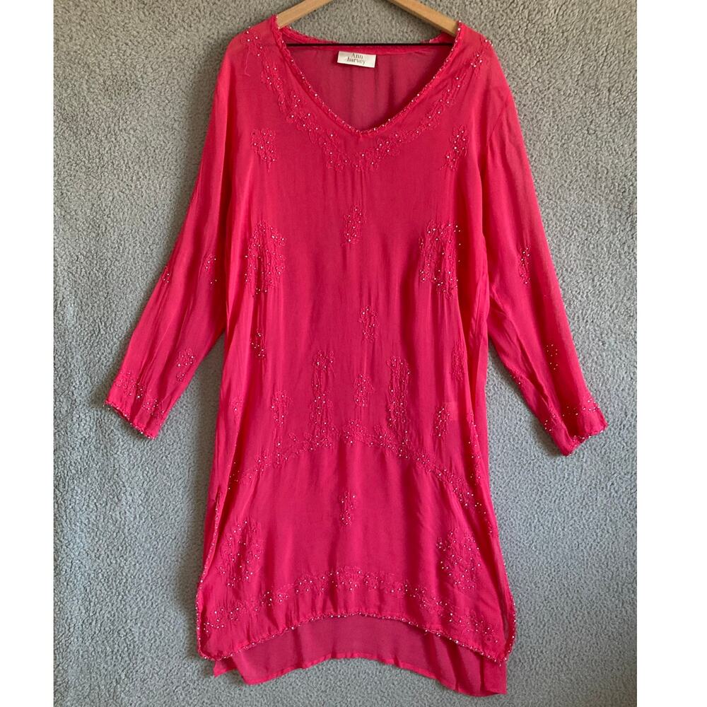Ann Harvey Mini Dress 2XL Beaded Embroidered Sheer V-Neck Pink Beach Boho XXL